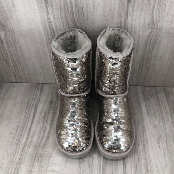 UGG Boots Women's 6 Silver Sequin Shearling Lined Winter Slip On - Picture 6 of 11